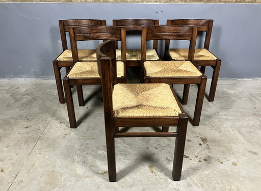 6x Vintage houten stoelen gevlochten zitting