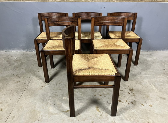 Image 1 of 6x Vintage houten stoelen gevlochten zitting