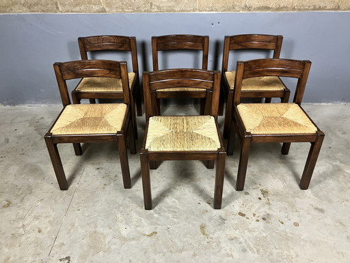 6x Vintage houten stoelen gevlochten zitting