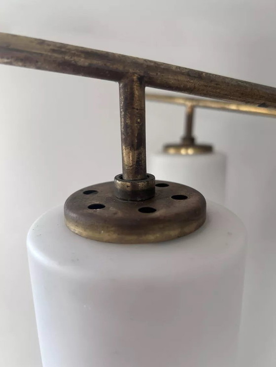Image 1 of Vintage Italiaanse plafondlamp, messing en opaline, 1950