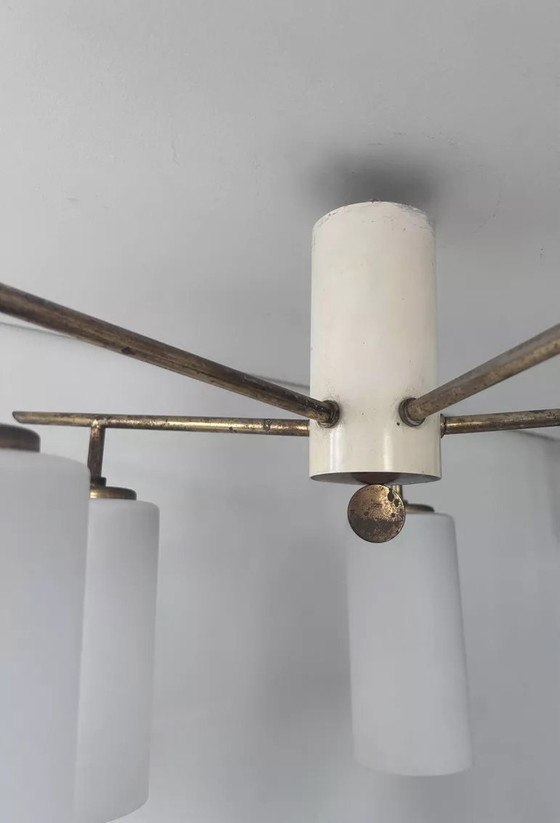 Image 1 of Vintage Italiaanse plafondlamp, messing en opaline, 1950