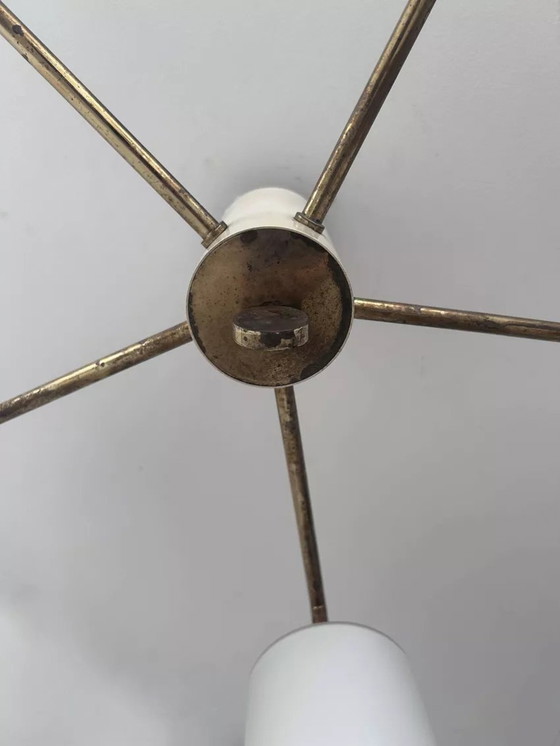 Image 1 of Vintage Italiaanse plafondlamp, messing en opaline, 1950