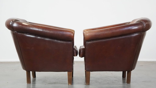 2 X Vintage Schapenleren Clubfauteuil