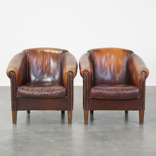 2 X Vintage Schapenleren Clubfauteuil