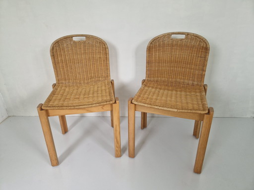 Vintage houten en rotan stoelen, 1970S, set van 2
