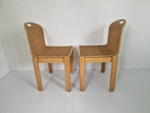 Vintage houten en rotan stoelen, 1970S, set van 2
