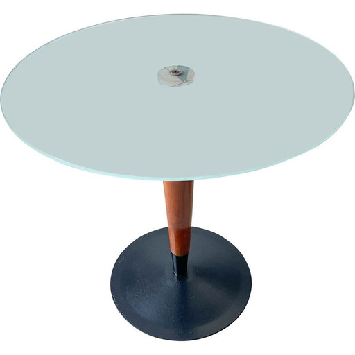 Vintage ronde paddestoeltafel van hout en glas, 1970