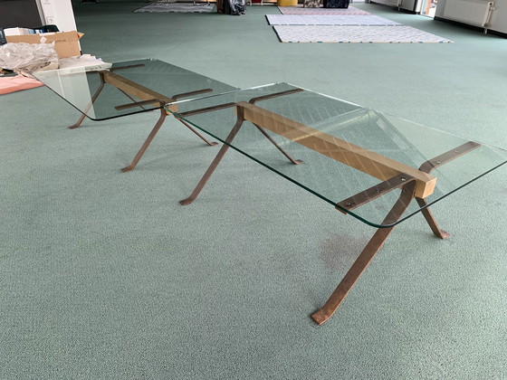 Image 1 of 2x Vintage glazen tafel met brons onderstel