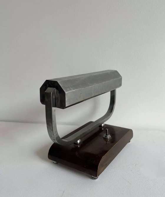 Image 1 of Modernistische Art Deco Verchroomd Metaal en Hout Bureaulamp, Frankrijk 1930