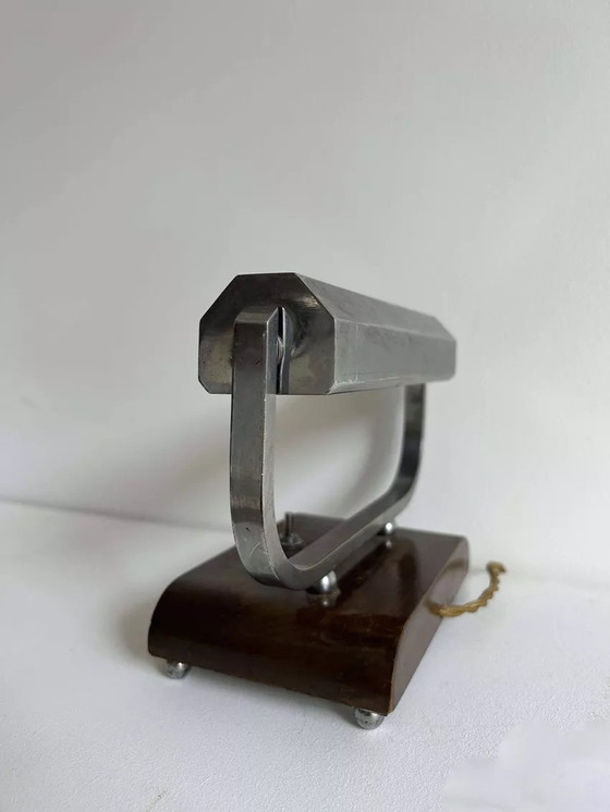 Image 1 of Modernistische Art Deco Verchroomd Metaal en Hout Bureaulamp, Frankrijk 1930