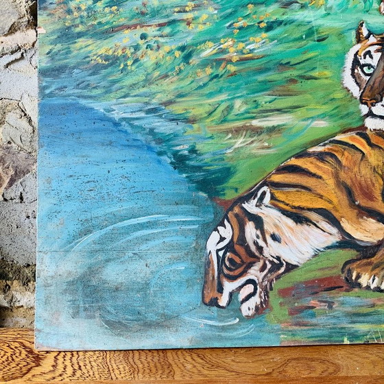 Image 1 of Vintage schilderij met 3 tijgers