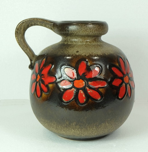 scheurich jaren 1960 vintage retro vaas model 484-21 bruin glazuur rode bloemen