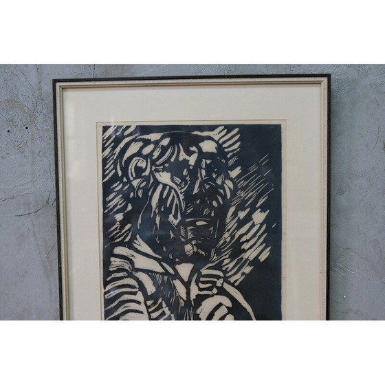 Image 1 of Vintage postmoderne houtsnede door Sven Wiig Larsen, Denemarken 1954