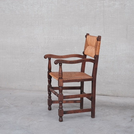 Image 1 of Paar vintage eiken en biezen fauteuils, Frankrijk 1950