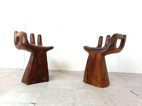 Image 1 of 2x Vintage teakhouten handgevormde stoelen, jaren 1970