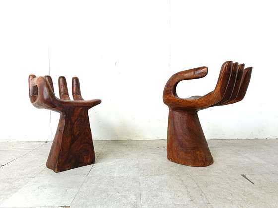 Image 1 of 2x Vintage teakhouten handgevormde stoelen, jaren 1970