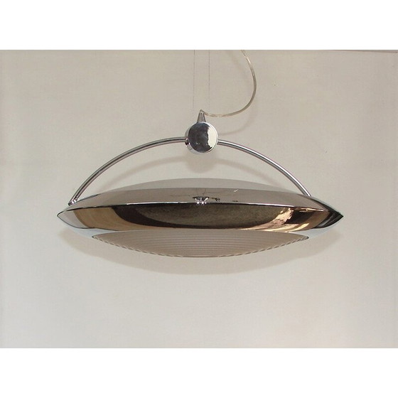 Image 1 of Vintage verchroomd metalen, messing en glazen hanglamp van F.Fabien, Italië 1980