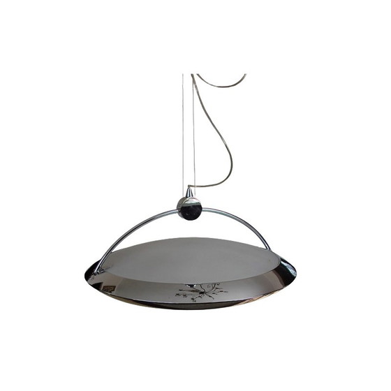 Image 1 of Vintage verchroomd metalen, messing en glazen hanglamp van F.Fabien, Italië 1980