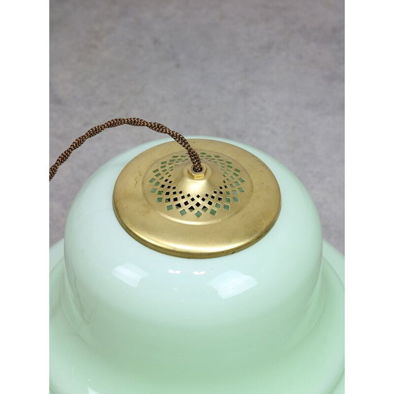 Image 1 of Vintage hanglamp van messing en groen glas, Italië 1960