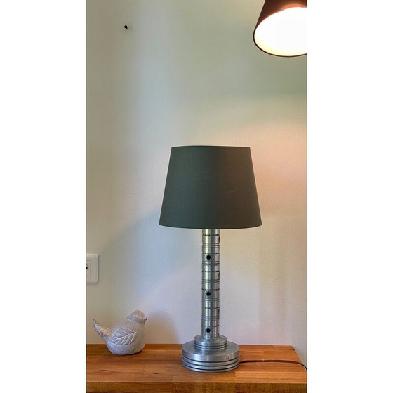 Image 1 of Vintage Space Age industriële lamp in gepolijst metaal en kaki stof