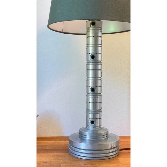 Image 1 of Vintage Space Age industriële lamp in gepolijst metaal en kaki stof