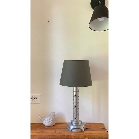 Image 1 of Vintage Space Age industriële lamp in gepolijst metaal en kaki stof