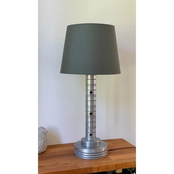 Image 1 of Vintage Space Age industriële lamp in gepolijst metaal en kaki stof