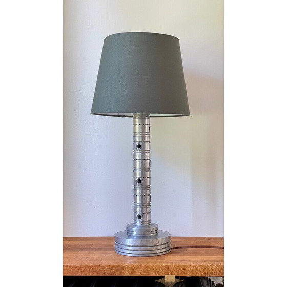 Image 1 of Vintage Space Age industriële lamp in gepolijst metaal en kaki stof