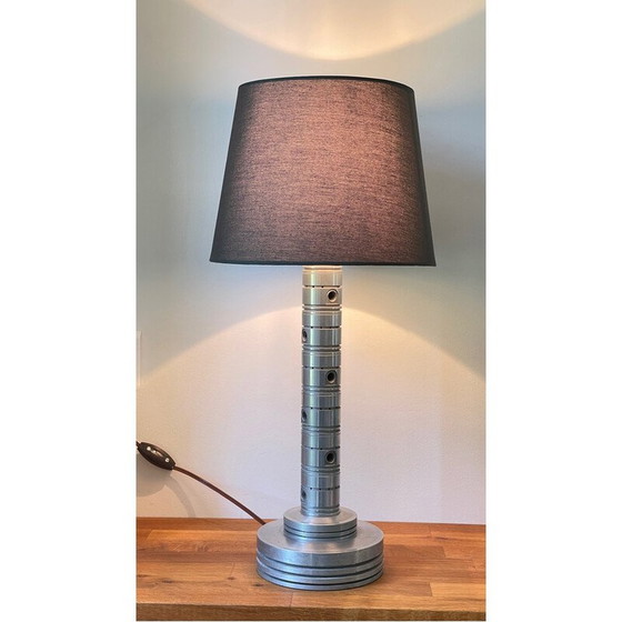 Image 1 of Vintage Space Age industriële lamp in gepolijst metaal en kaki stof