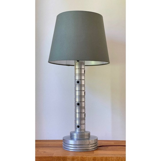 Image 1 of Vintage Space Age industriële lamp in gepolijst metaal en kaki stof