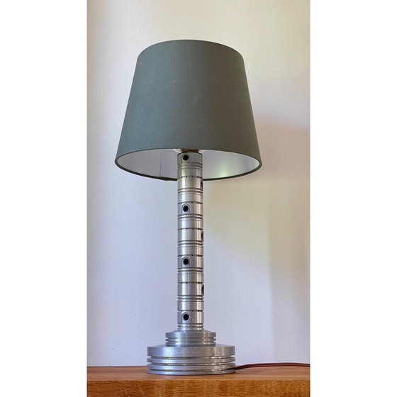 Image 1 of Vintage Space Age industriële lamp in gepolijst metaal en kaki stof