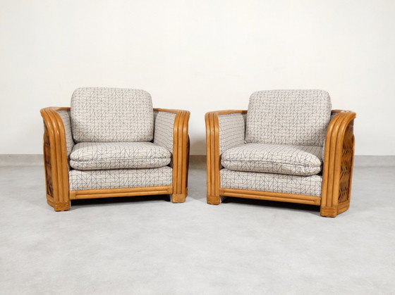 Image 1 of Set Of 2 Bamboo And Rattan Fauteuils With Graphic Fabric