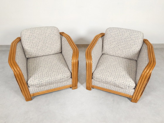 Image 1 of Set Of 2 Bamboo And Rattan Fauteuils With Graphic Fabric