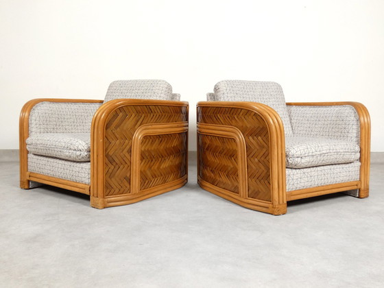 Image 1 of Set Of 2 Bamboo And Rattan Fauteuils With Graphic Fabric