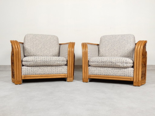 Set Of 2 Bamboo And Rattan Fauteuils With Graphic Fabric