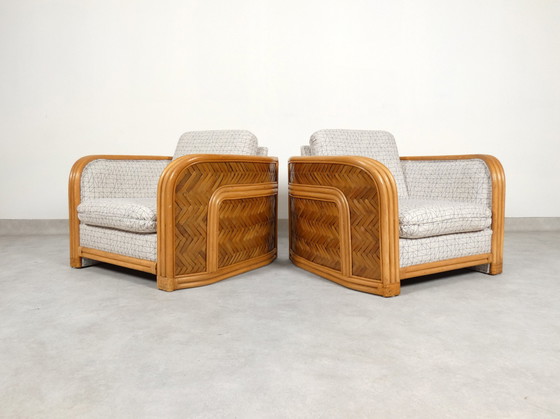 Image 1 of Set Of 2 Bamboo And Rattan Fauteuils With Graphic Fabric