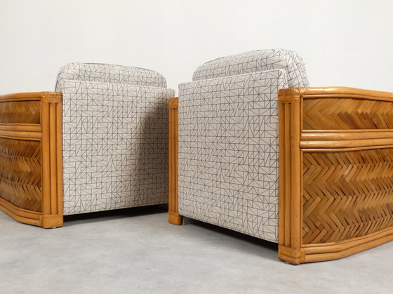 Image 1 of Set Of 2 Bamboo And Rattan Fauteuils With Graphic Fabric