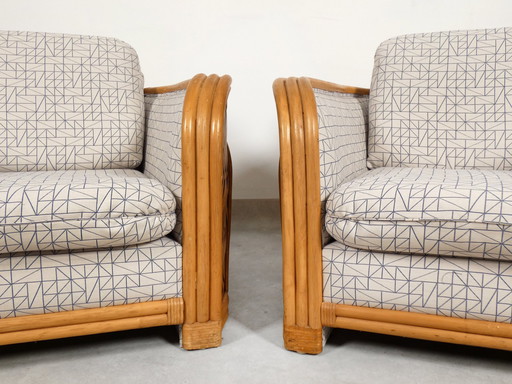 Set Of 2 Bamboo And Rattan Fauteuils With Graphic Fabric