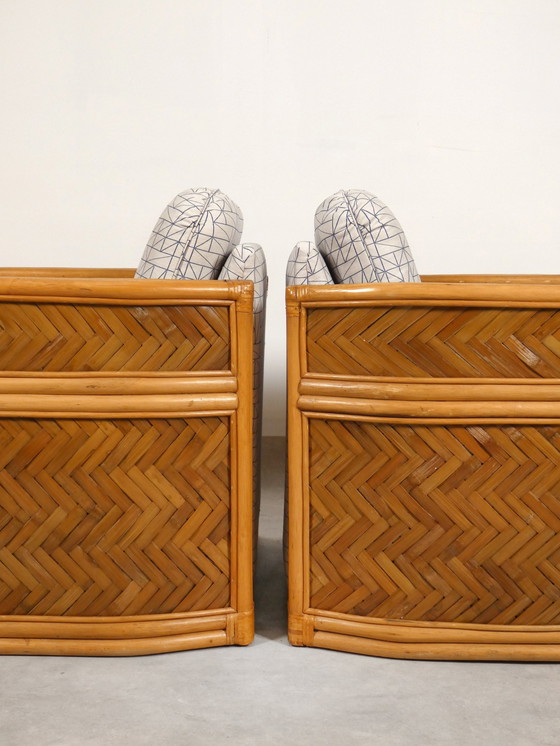 Image 1 of Set Of 2 Bamboo And Rattan Fauteuils With Graphic Fabric