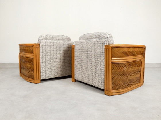 Image 1 of Set Of 2 Bamboo And Rattan Fauteuils With Graphic Fabric