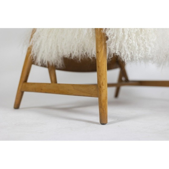 Image 1 of Paar vintage fauteuils in blond beukenhout en Tibetaans geitenleer, Frankrijk 1950