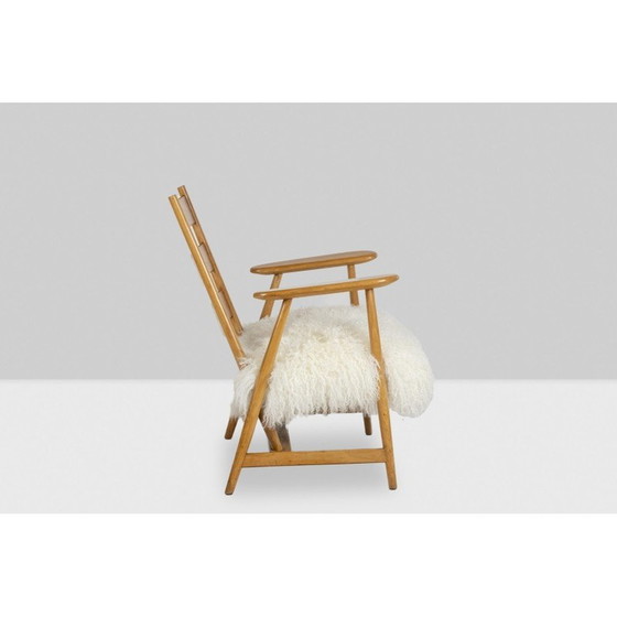 Image 1 of Paar vintage fauteuils in blond beukenhout en Tibetaans geitenleer, Frankrijk 1950