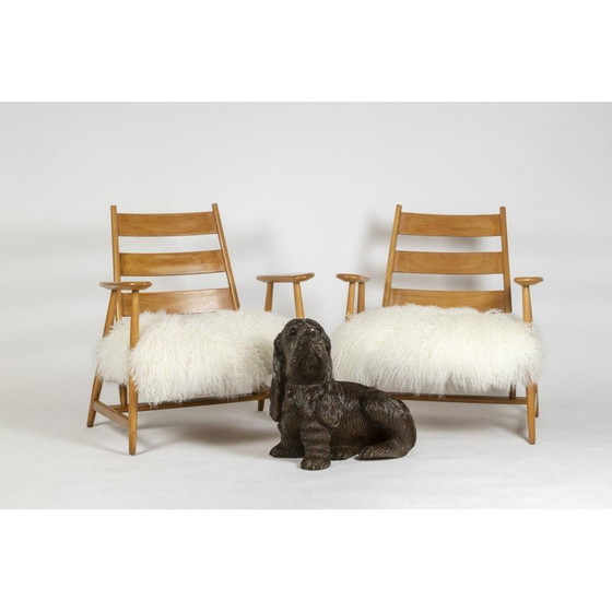 Image 1 of Paar vintage fauteuils in blond beukenhout en Tibetaans geitenleer, Frankrijk 1950