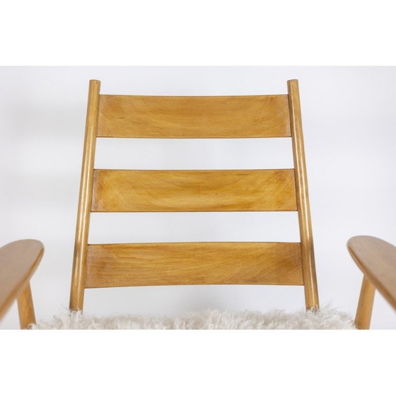 Image 1 of Paar vintage fauteuils in blond beukenhout en Tibetaans geitenleer, Frankrijk 1950