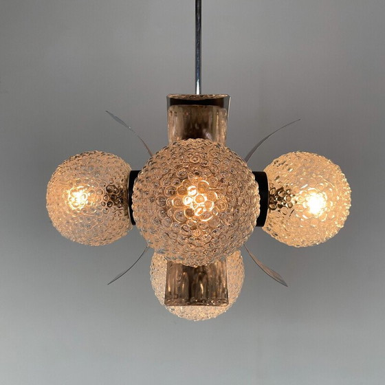 Image 1 of Vintage kroonluchter van glas en chroom voor Elektroinstala Děčín, Tsjecho-Slowakije 1970