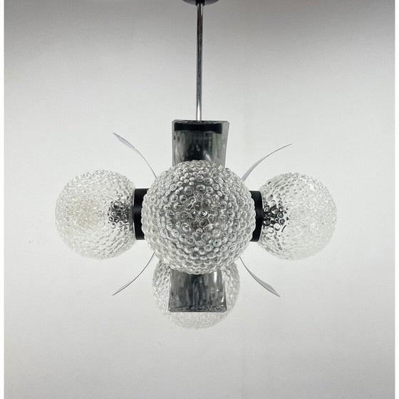 Image 1 of Vintage kroonluchter van glas en chroom voor Elektroinstala Děčín, Tsjecho-Slowakije 1970