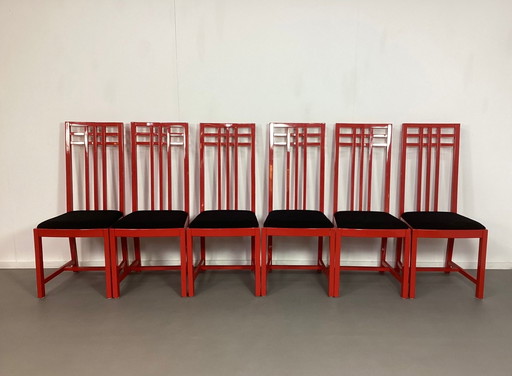 6 x Memphis Style stoelen met hoge rugleuning van Italiaans rood gelakt hout