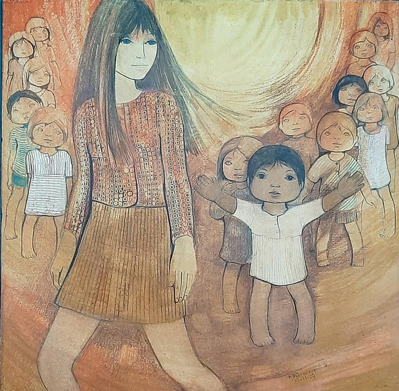 Image 1 of Vintage wanddecoratie op hout schilderij