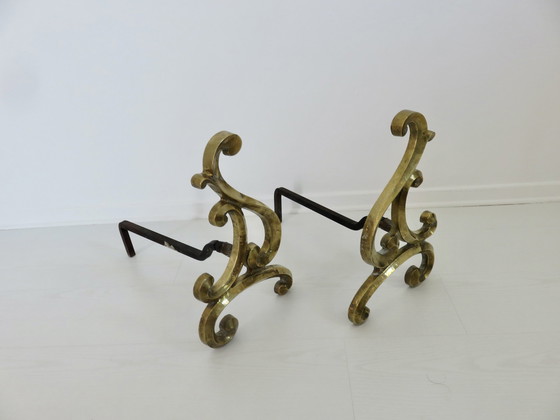 Image 1 of Paar Art Nouveau massief bronzen Andirons, jaren 1920-1930, Frankrijk