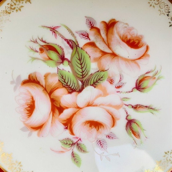 Image 1 of Vintage XL Limoges bonbonnière bloemen robijnrood bladgoud 1970's